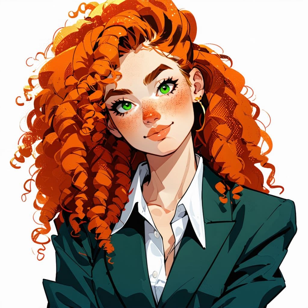 AI generated: woman with orange curly hair and green eyes wearing a suit