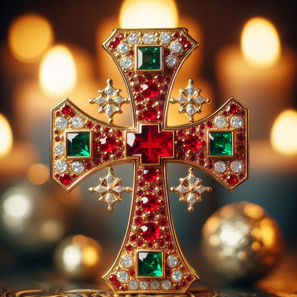 AI generated: A close-up picture of a golden cross of the Knights Templar, about 20 cm in size, studded with glitt...