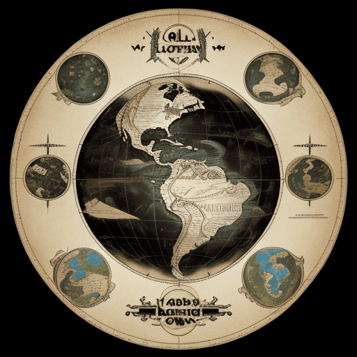 AI generated: mother earth old map map from the view of the islands a large kingdom circular black icon in the sty...