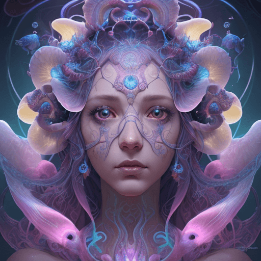 AI generated: Goddess close-up portrait ribcagel. jellyfish phoenix head, nautilus, orchid, skull, betta fish, bio...
