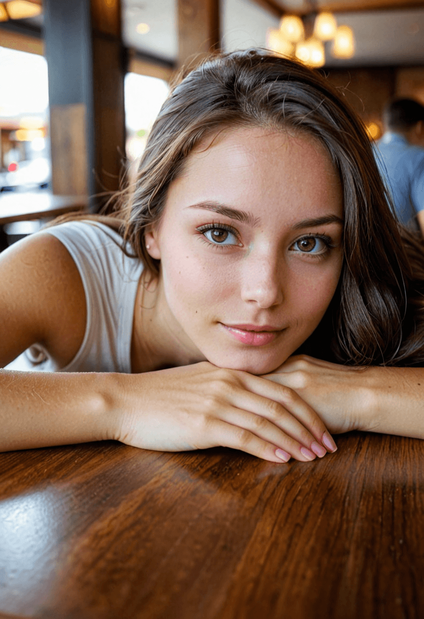 AI generated: iphone photo woman, long brunette hair, leans on a table in a restaurant, hazel eyes, perfect eyes, ...