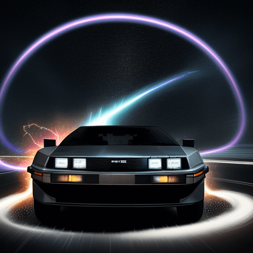 AI generated: a ultra realistic A DeLorean time machine speeding through the night, surrounded by blurred motion l...