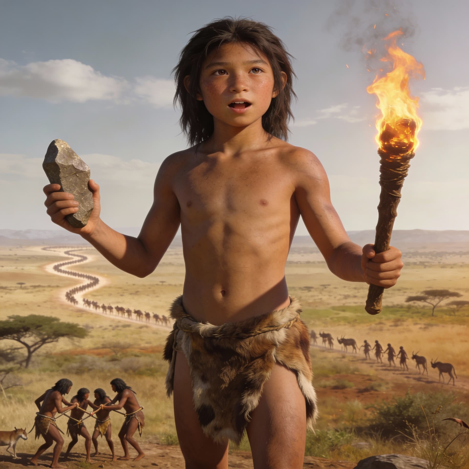 AI generated: Create an image feturing the follow criterias:

Tier 2 — Sapient Nomadism
Era: ~300,000–12,000 BCE
R...