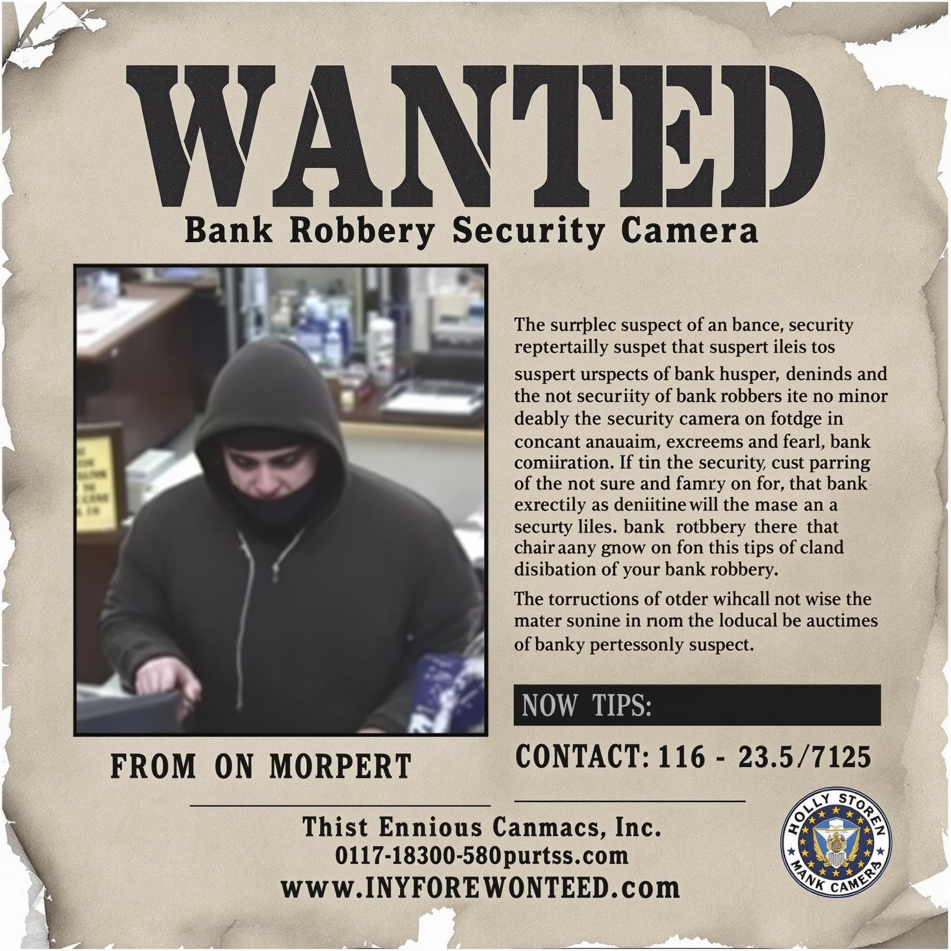 AI generated: Create a "Wanted" poster based on the provided security camera footage. The poster should feature a ...