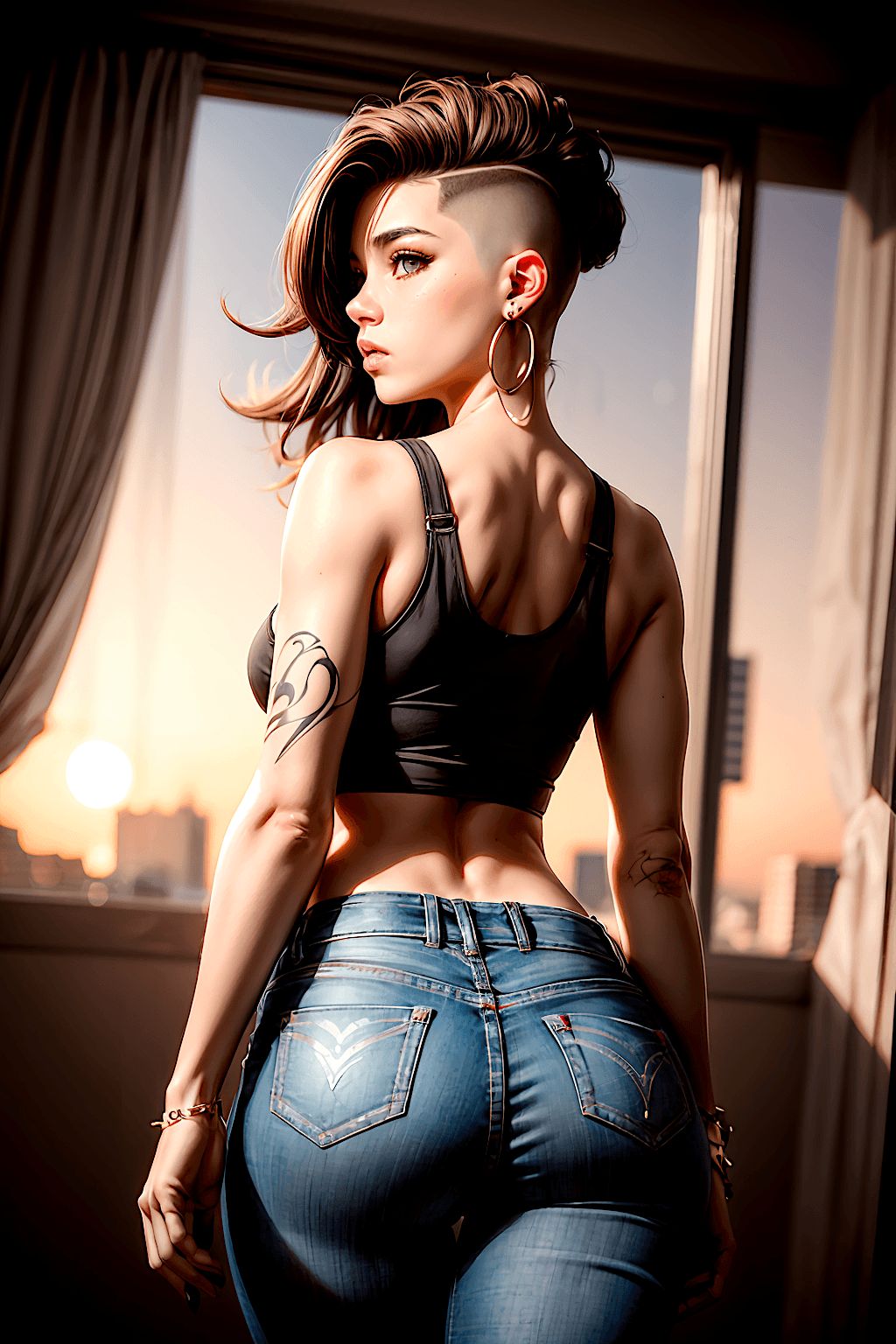 AI generated: A young woman , cute, blushed, short brown hair ((hi-top fade:1.3)) , wearing a slim torn jeans and ...