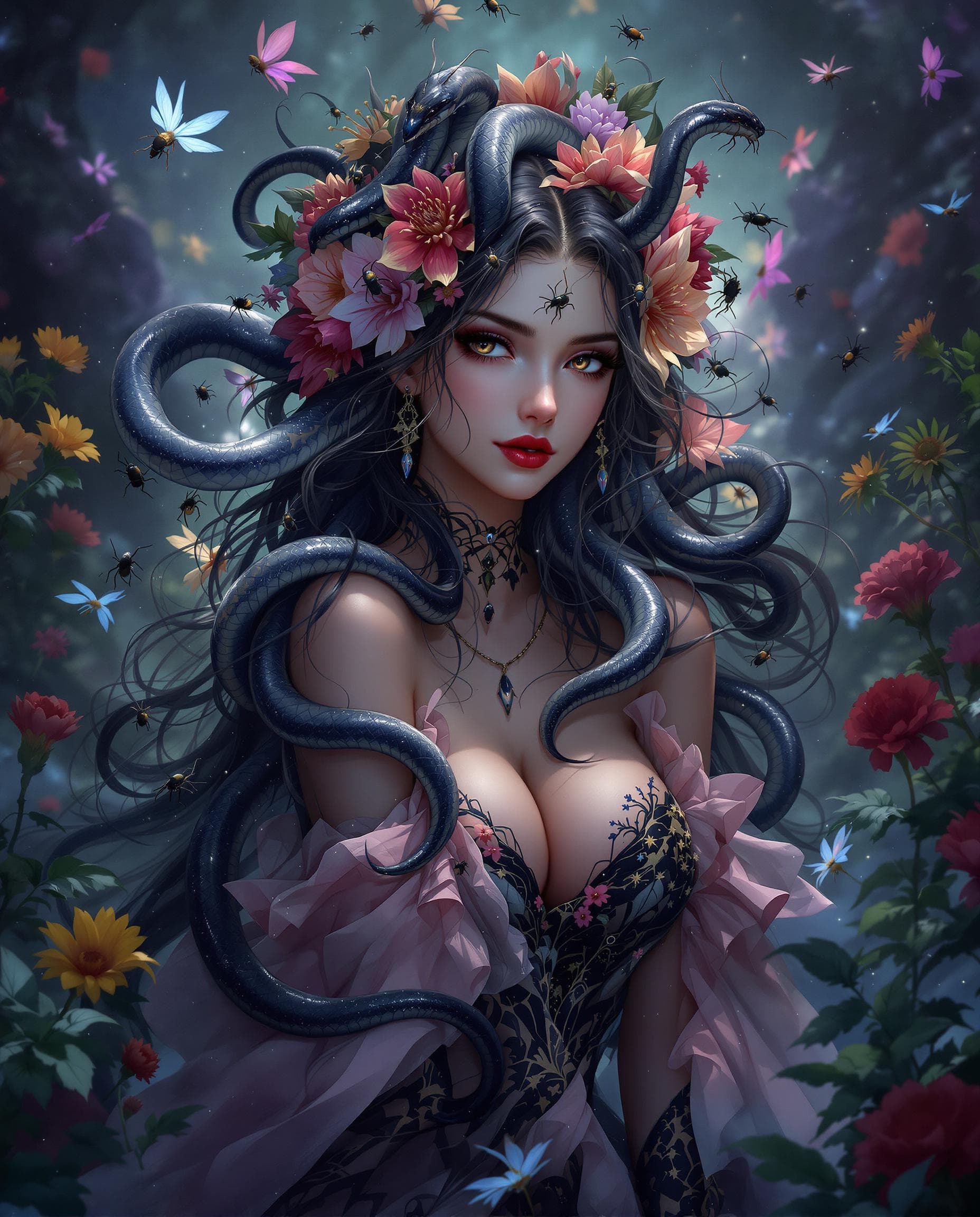 AI generated: contrast between dark and stunning atmosphere, a long-haired breathtaking woman with insects, flower...