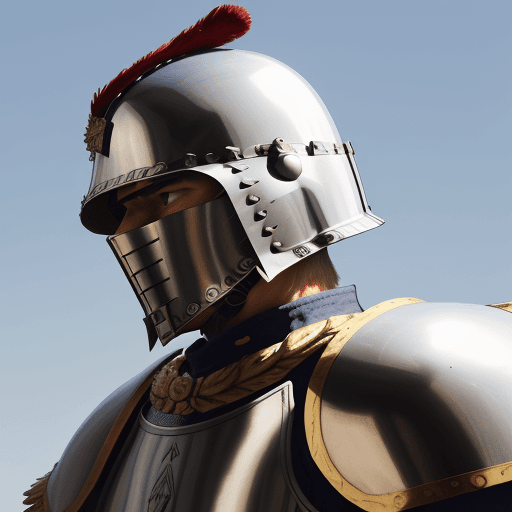 AI generated: Extreme low angle photo of a Roman legionary wearing his helmet and armor, he is awaiting for the st...