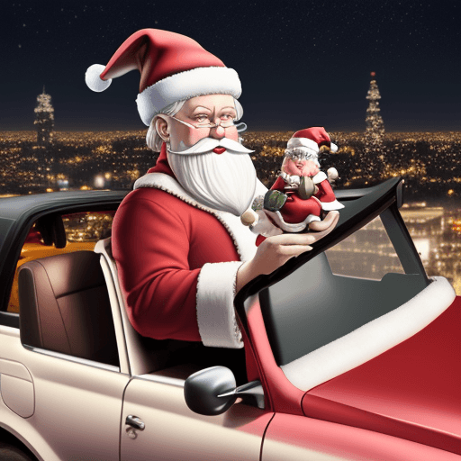 AI generated: 
Santa Claus with a Christmas hat, riding in a car and with a city landscape