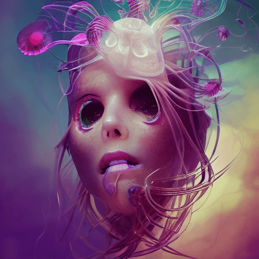 AI generated: Goddess close-up portrait ribcagel. jellyfish phoenix head, nautilus, orchid, skull, betta fish, bio...
