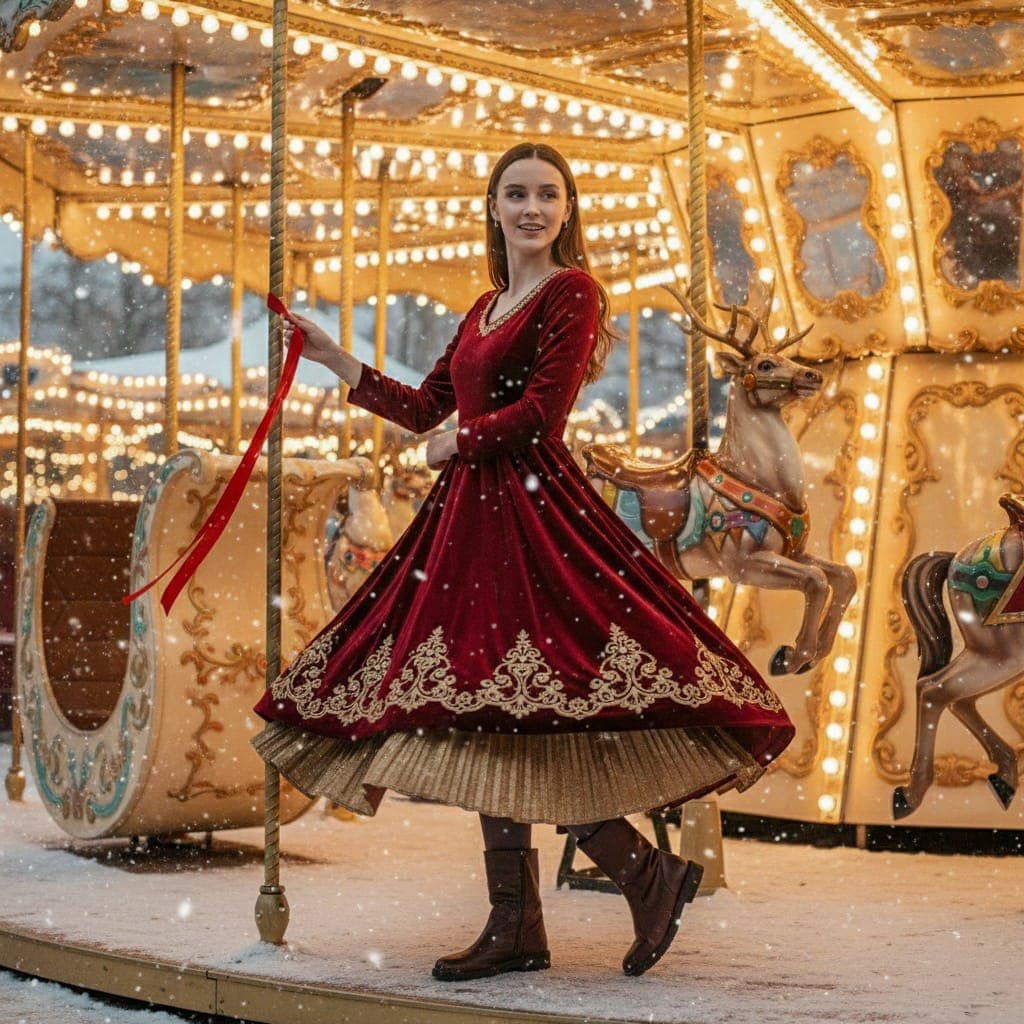AI generated: HD VTON winter carnival scene using the uploaded image as the female facial reference. The model mov...