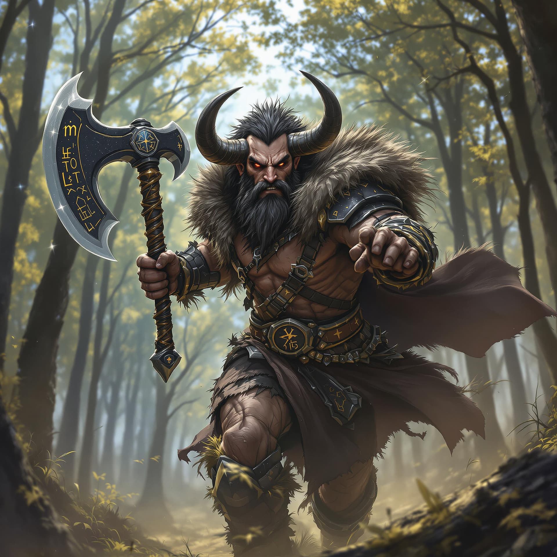 AI generated: A handsome-faced Minotaur barbarian warrior, clad in battered black chrome armor, charges forward in...