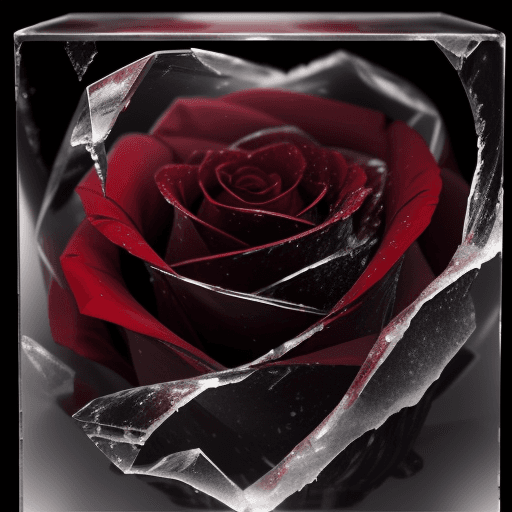 AI generated: close-up photo of a beautiful red rose breaking through a cube made of ice , splintered cracked ice ...