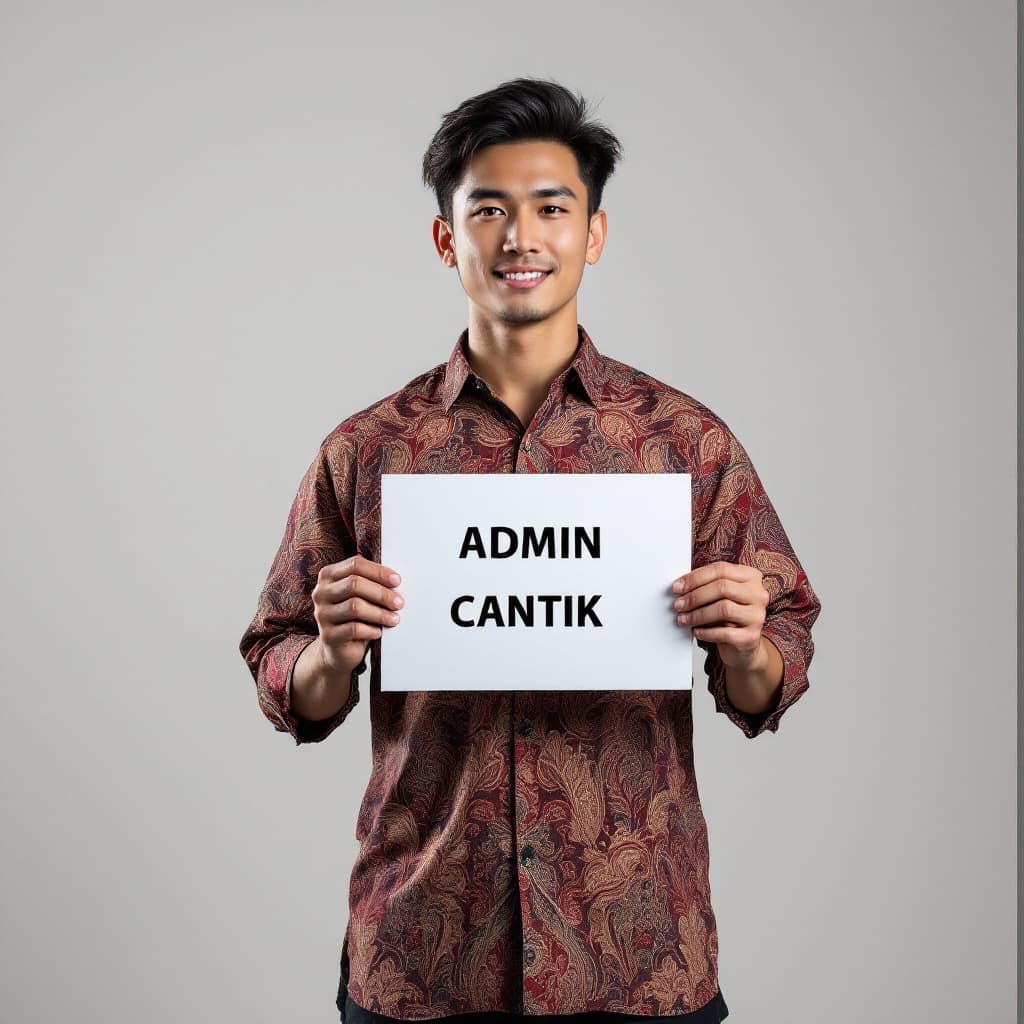 AI generated: Indonesia handsome man,full body,batik clothes,fit body,holding white board with text "ADMIN CANTIK"
