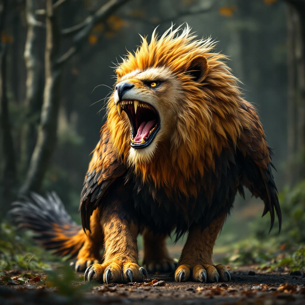 AI generated: generate a lion-eagle hybrid in a realistic style with fur texture, high contrast lighting, roaring ...