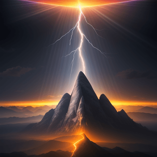 AI generated: lightning with rays of light at sunset, in the style of reimagined religious art, mountainous vistas...