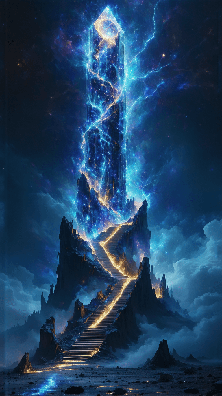 AI generated: A colossal crystalline tower, woven from liquid gold and neon threads of fate, fractures into infini...