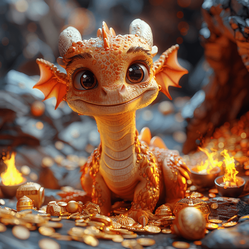 AI generated: little cute smiling dragon sits in a cave on a mountain of gold pieces, treasure chests and large ge...