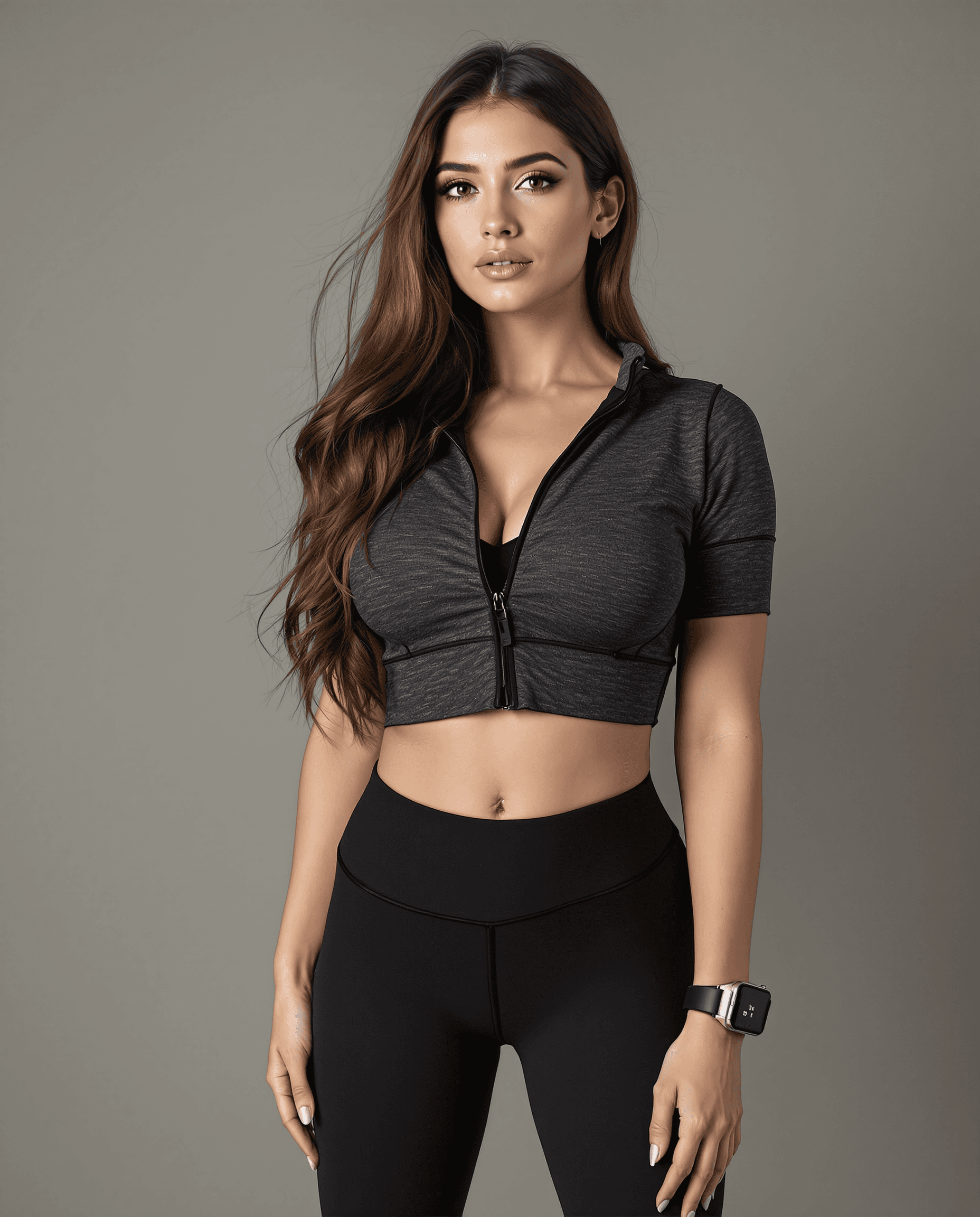 AI generated: A 22-year-old woman with long, wavy brunette hair flowing freely over her shoulders. She has deep br...