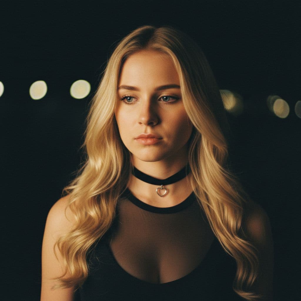 AI generated: A woman with long blonde hair and striking blue eyes, adorned with a choker necklace featuring a hea...