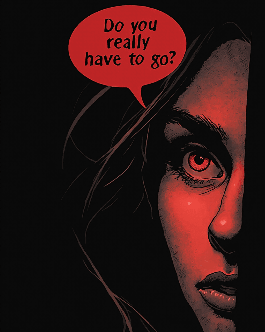AI generated:  
"A close-up comic-style panel using only black, white, and red. The focus is on the mother’s face...