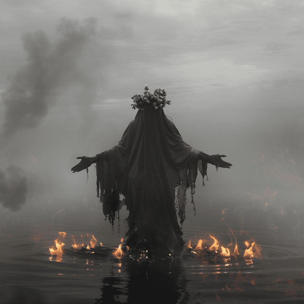 AI generated: full body photograph of an ethereal white and black ghost woman with crown made from flowers standin...