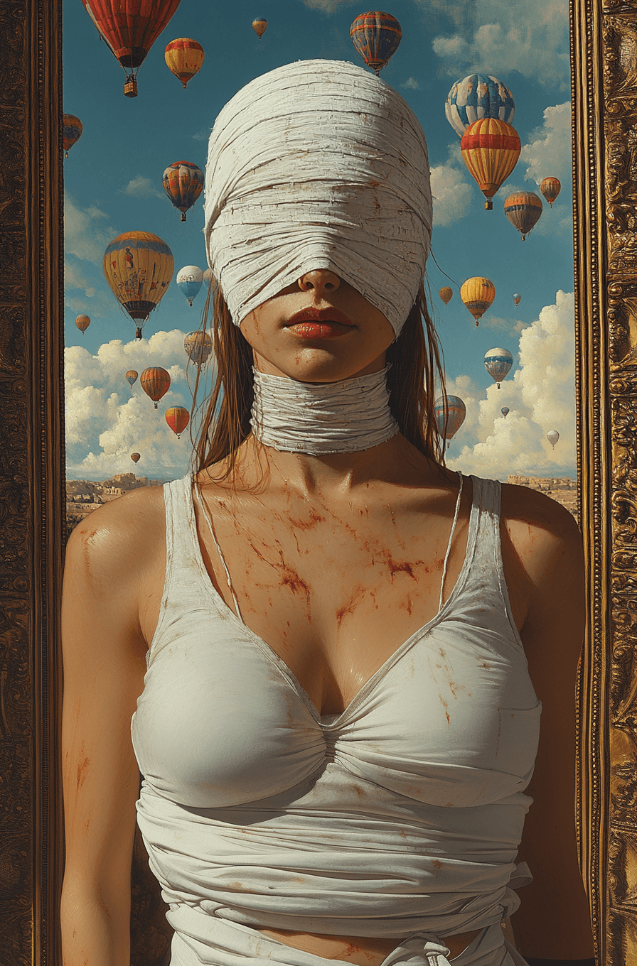 AI generated: A painting of an attractive woman with her head wrapped in white bandages, and hot air balloons floa...