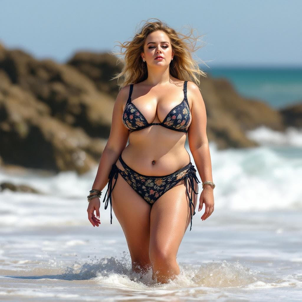 AI generated: singer Adele standing on beach with thick hips and heavy weighted chest  in sling bikini