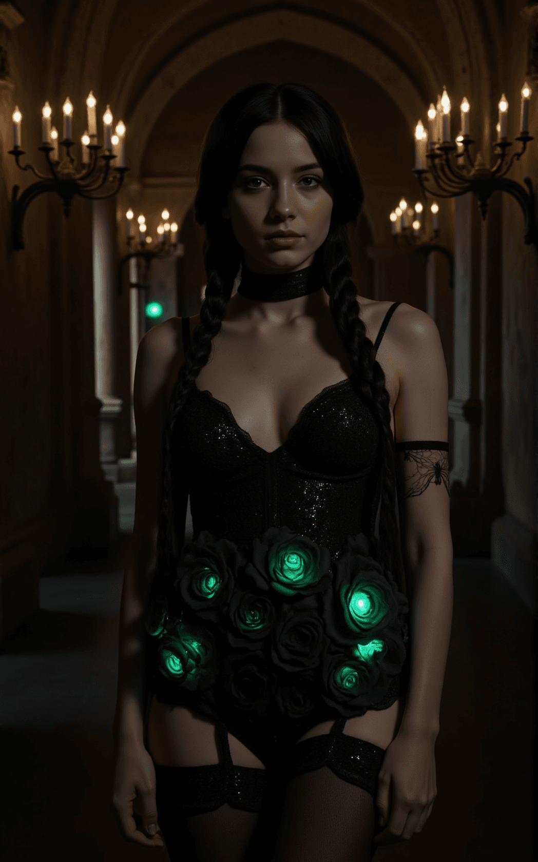 AI generated: In the eerie and grand setting of the Addams Family mansion, Wednesday Addams stands as the central ...