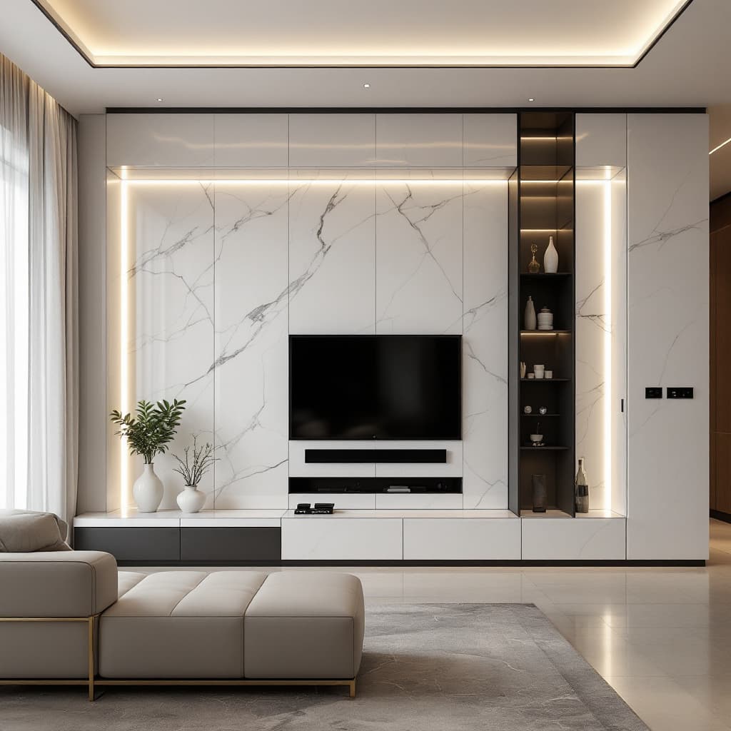 AI generated: A high-end, contemporary living room with a cutting-edge TV wall installation, crafted from gleaming...
