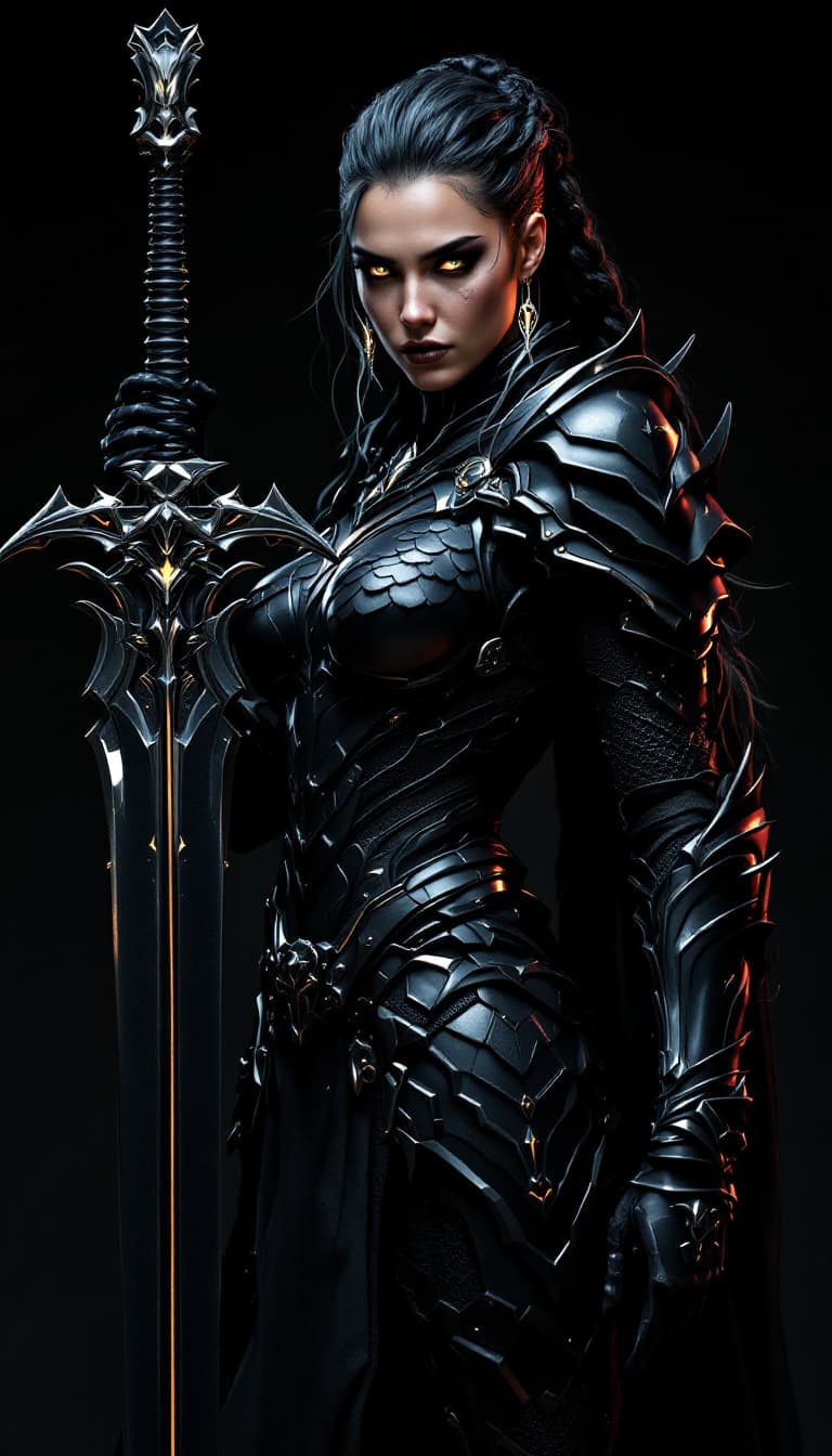 AI generated: An ultra-realistic, full-body portrait of an imposing obsidian void knight woman, radiating strength...