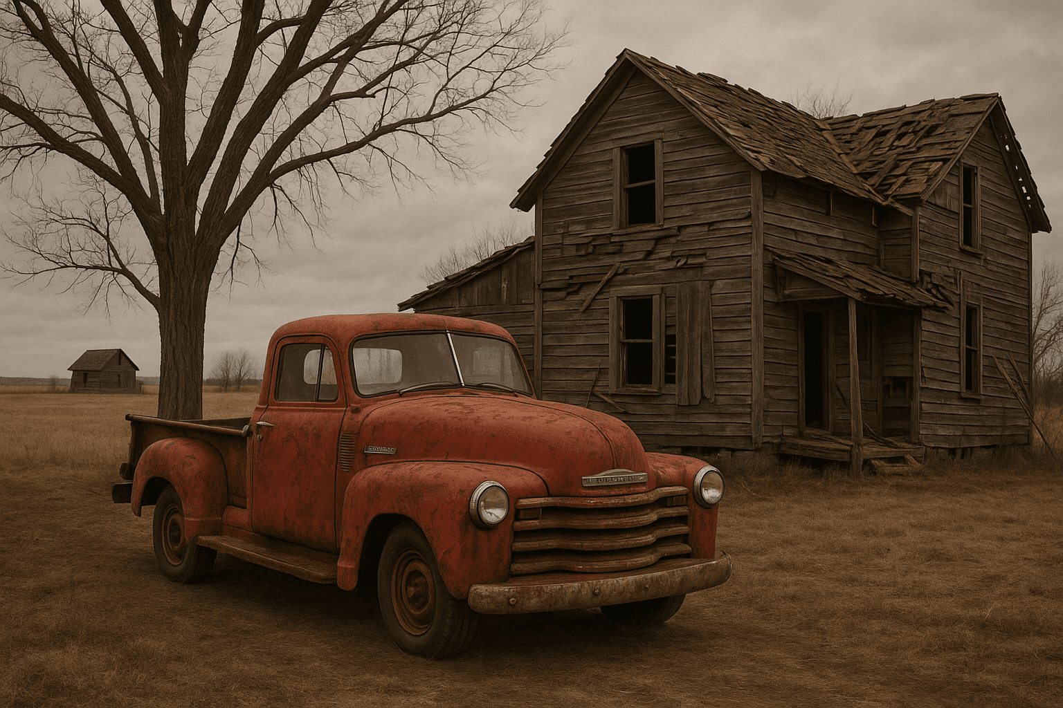 AI generated: old weathered red chevrolet pickup truck parked in front of a dilapidated wooden farmhouse, bare tre...