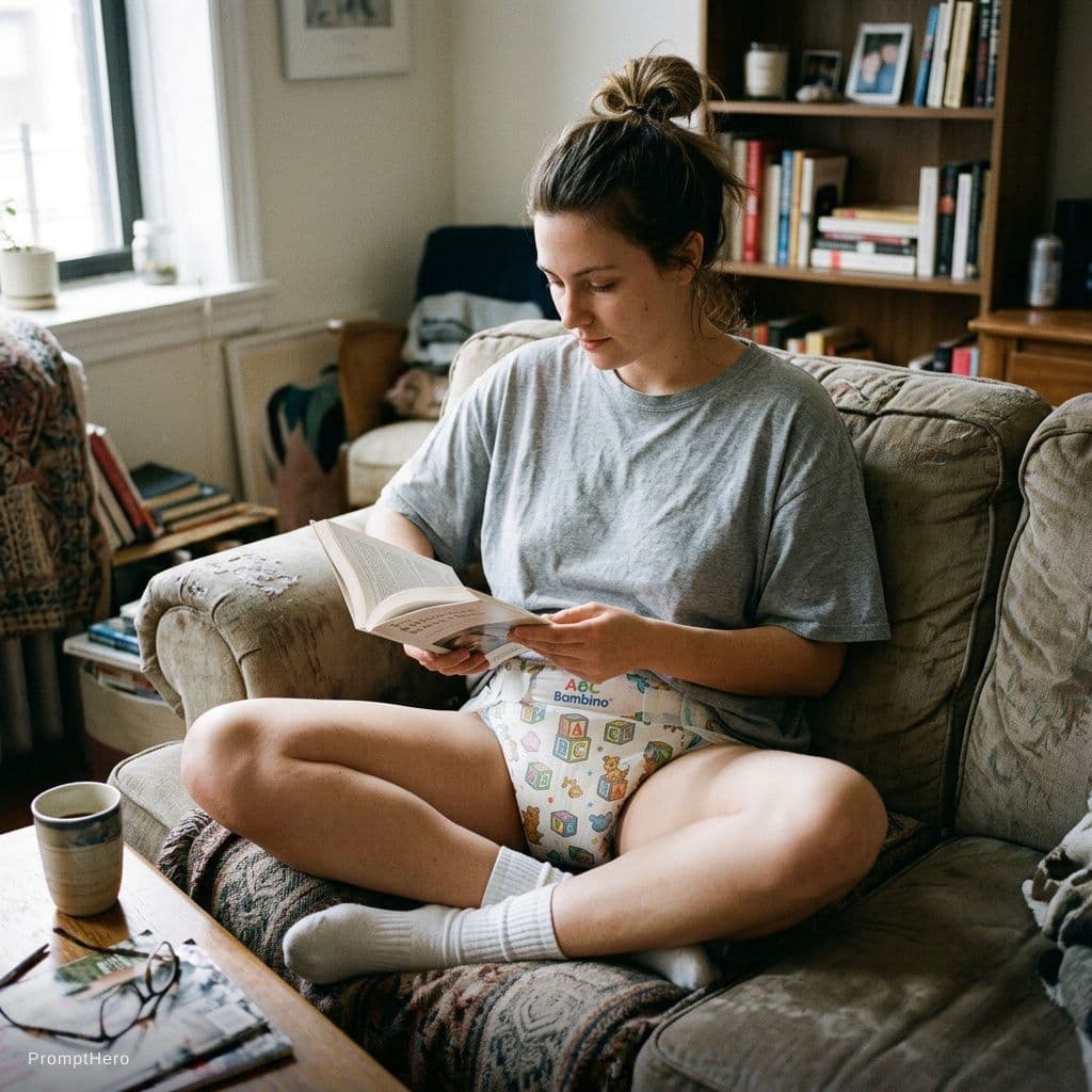 AI generated: Victoria adult baby diaper lover with ankle socks no pants no shoes or bonnet. Abc bambino diaper 