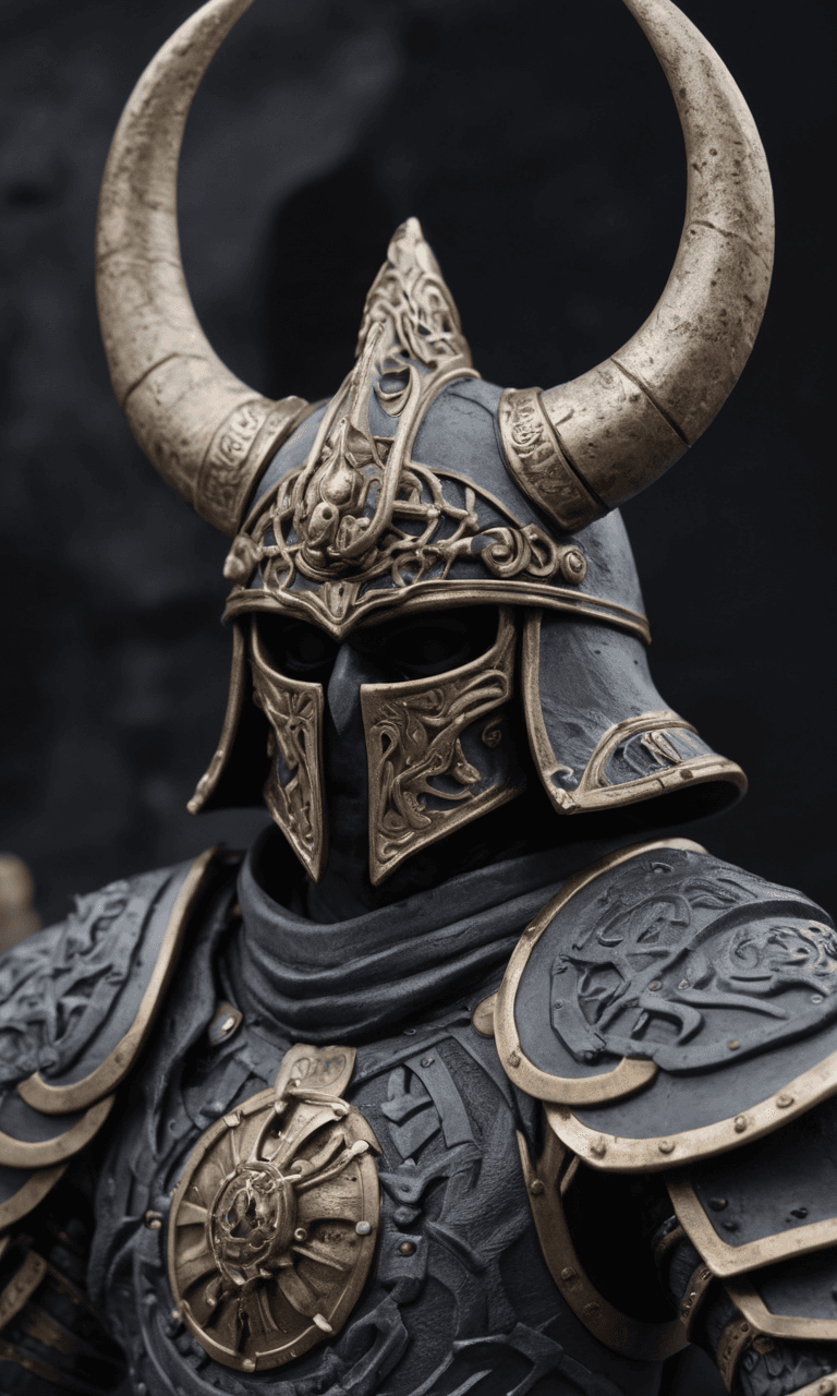 AI generated: a close up of a person wearing a horned helmet and holding a sword, death metal album cover, barong ...