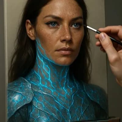 AI generated video: Same framing. The artist’s hand enters with a liner brush to “fix” her eyeliner. Thor Katla smiles s...