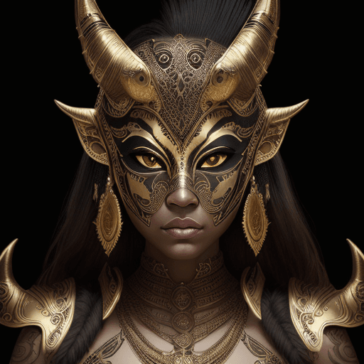 AI generated: ultra wide angle, dark epic background, gorgeous lifelike, golden design, woman tribal mask, cinemat...
