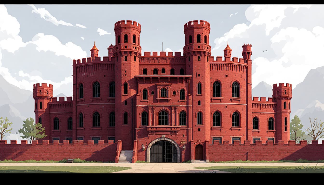 AI generated: (6-story:2.2) grand building, red exterior brick walls, prison atmosphere, bars on windows, gated, d...