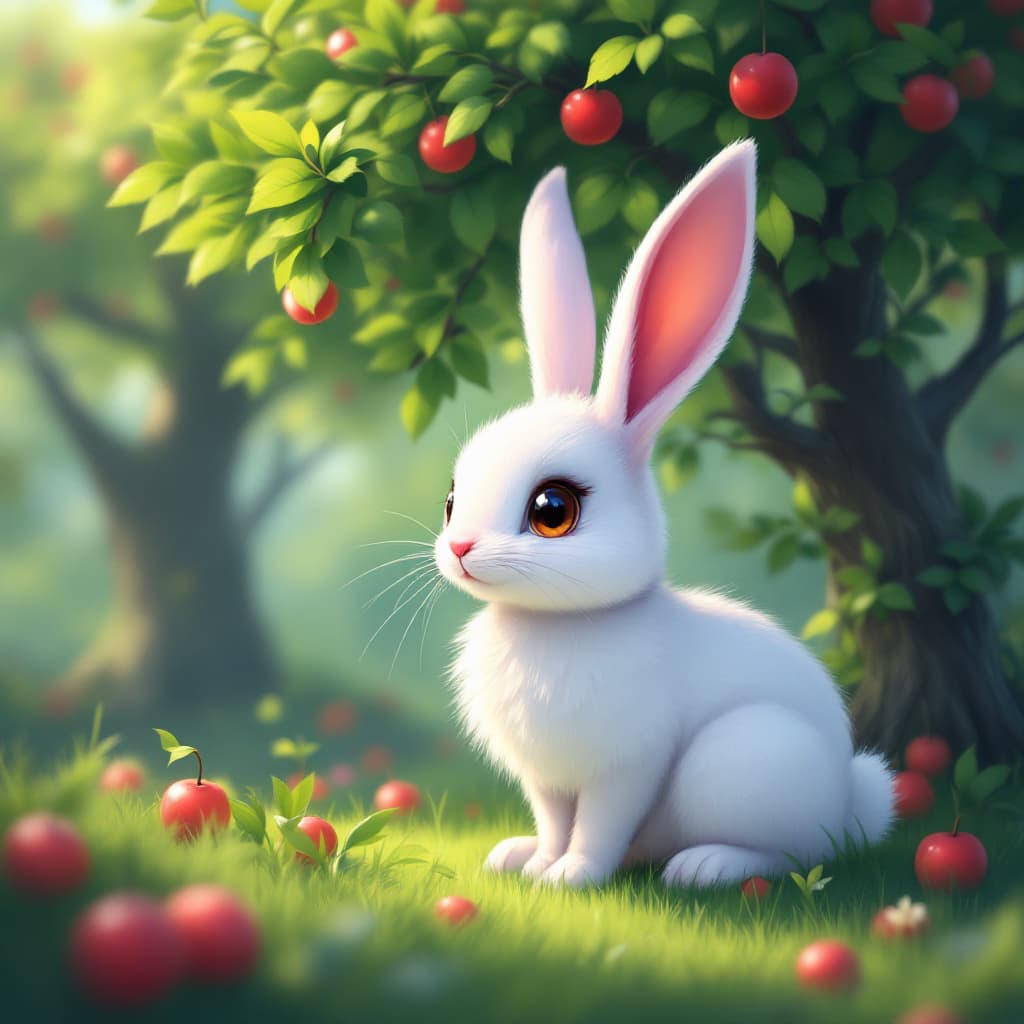 AI generated: digital art of a beautiful Rabbit pokemon under an apple tree, cartoon style,Matte Painting,Magic Re...