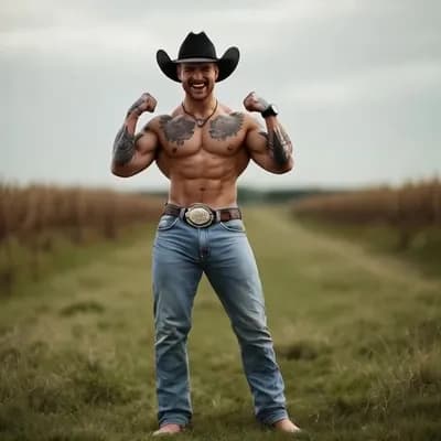 AI generated video: Walking towards me double bicep flex smiling turning sideways looking down
