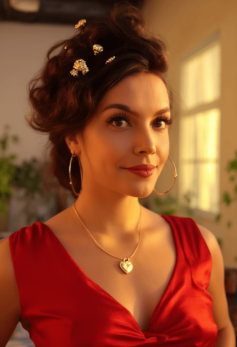 AI generated: A close-up portrait of a woman with voluminous, wavy brown hair styled in an elegant updo adorned wi...