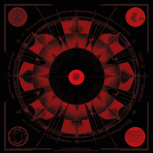 AI generated: crimson infographic of the creation of the sun/chart/schematics/measurements/marginalia/abstract/tar...