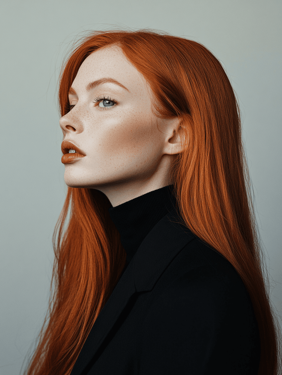 AI generated: A high-fashion editorial portrait of a woman with long red hair, in the style of modern fashion phot...