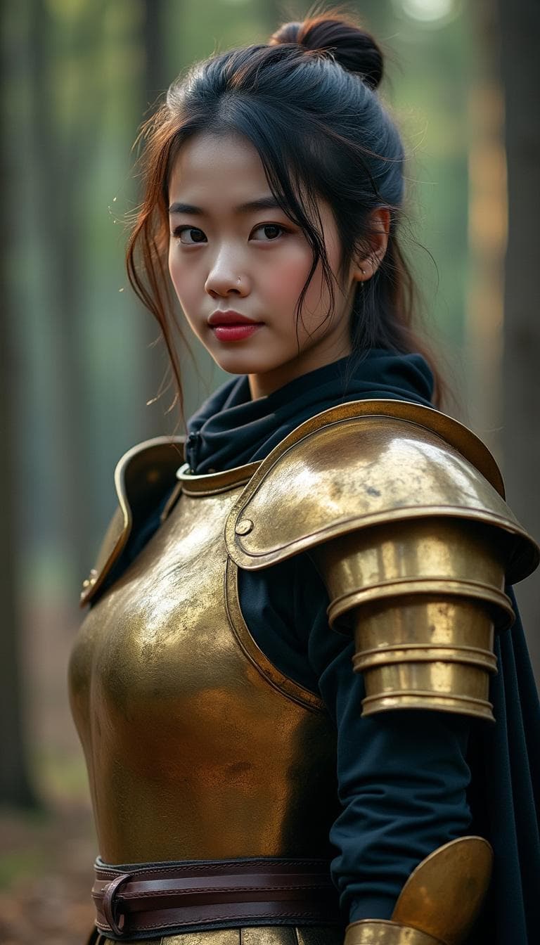 AI generated: a beautiful Asian woman, dressed in medieval warrior costume, golden metal armor, in the middle of t...
