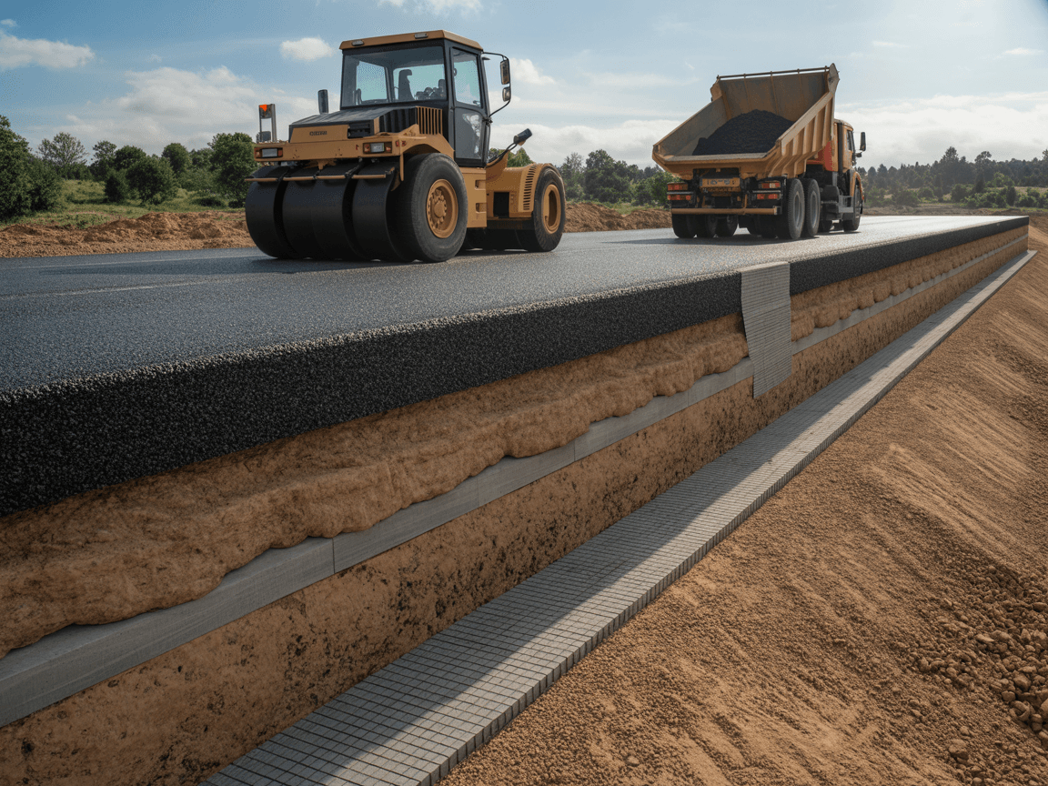 AI generated: Create a Photorealistic cross-section of a road under construction, highlighting polymeric geosynthe...