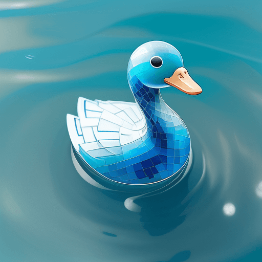AI generated: pato amarelo, na agua transparente, azul pálido, estilo gaudi, realista