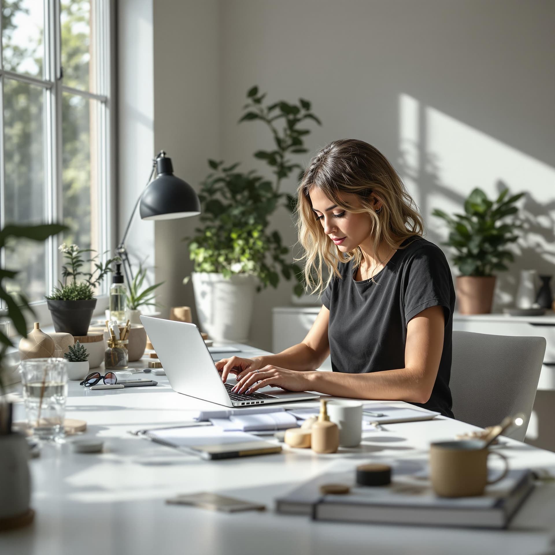 AI generated: modern, minimalist workspace, focused designer woman at a white desk, surrounded by objects of produ...