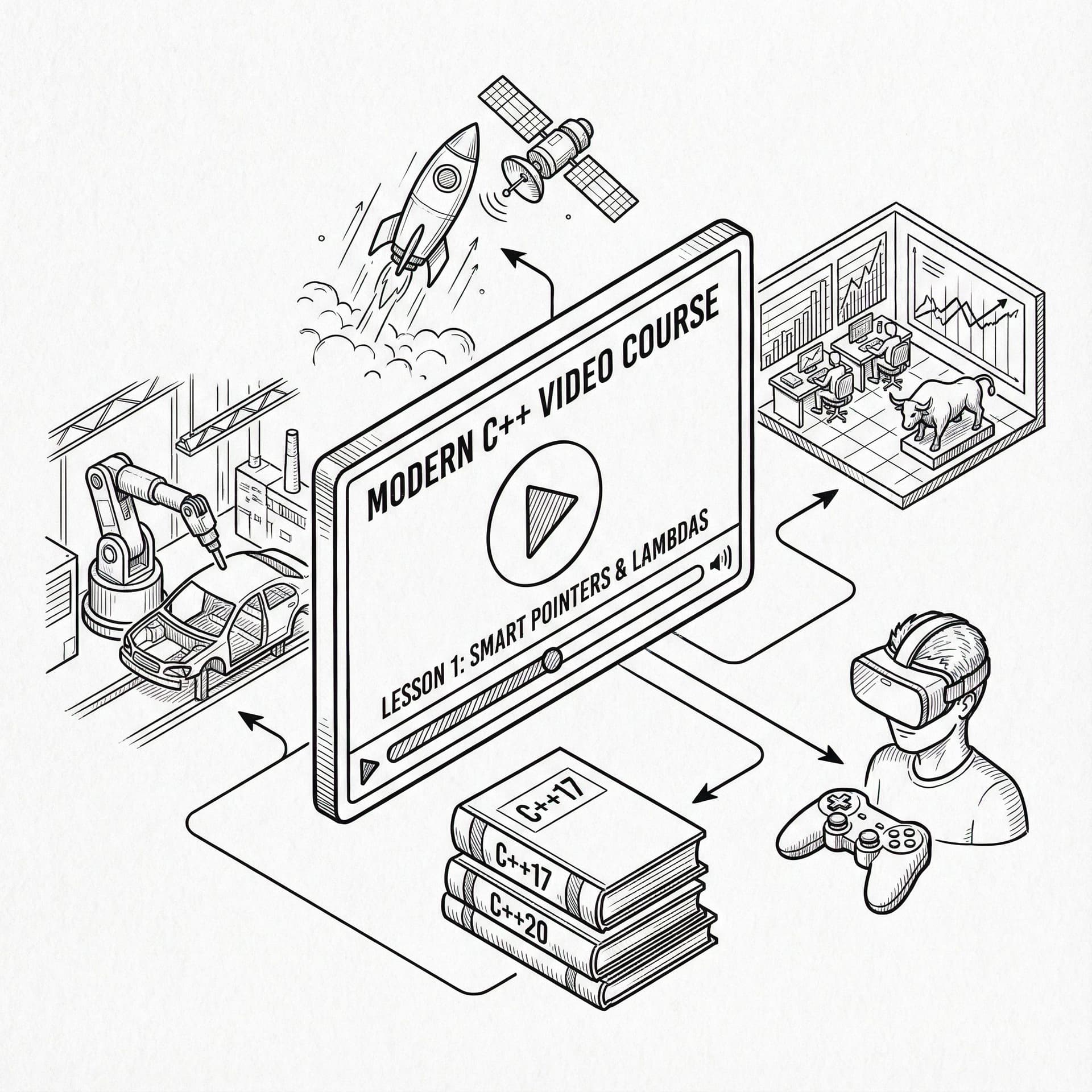 AI generated: A lineart that depicts a video course on Modern C++. It should show some likeness of various industr...