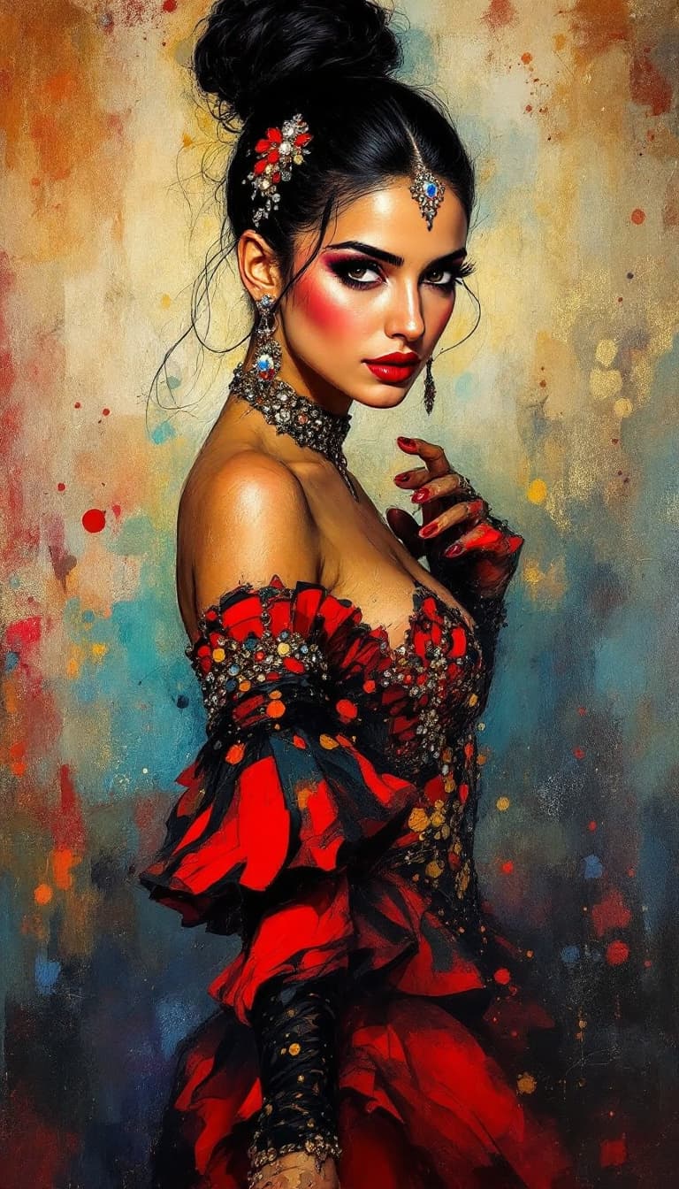 AI generated: A striking abstract painting embodies the spirit of a 24-year-old Spanish woman, displaying both pas...