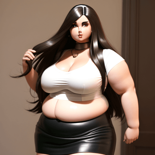 AI generated: Very large fat plump curvaceous beautiful lady in leather mini skirt with long dark hair full figure...