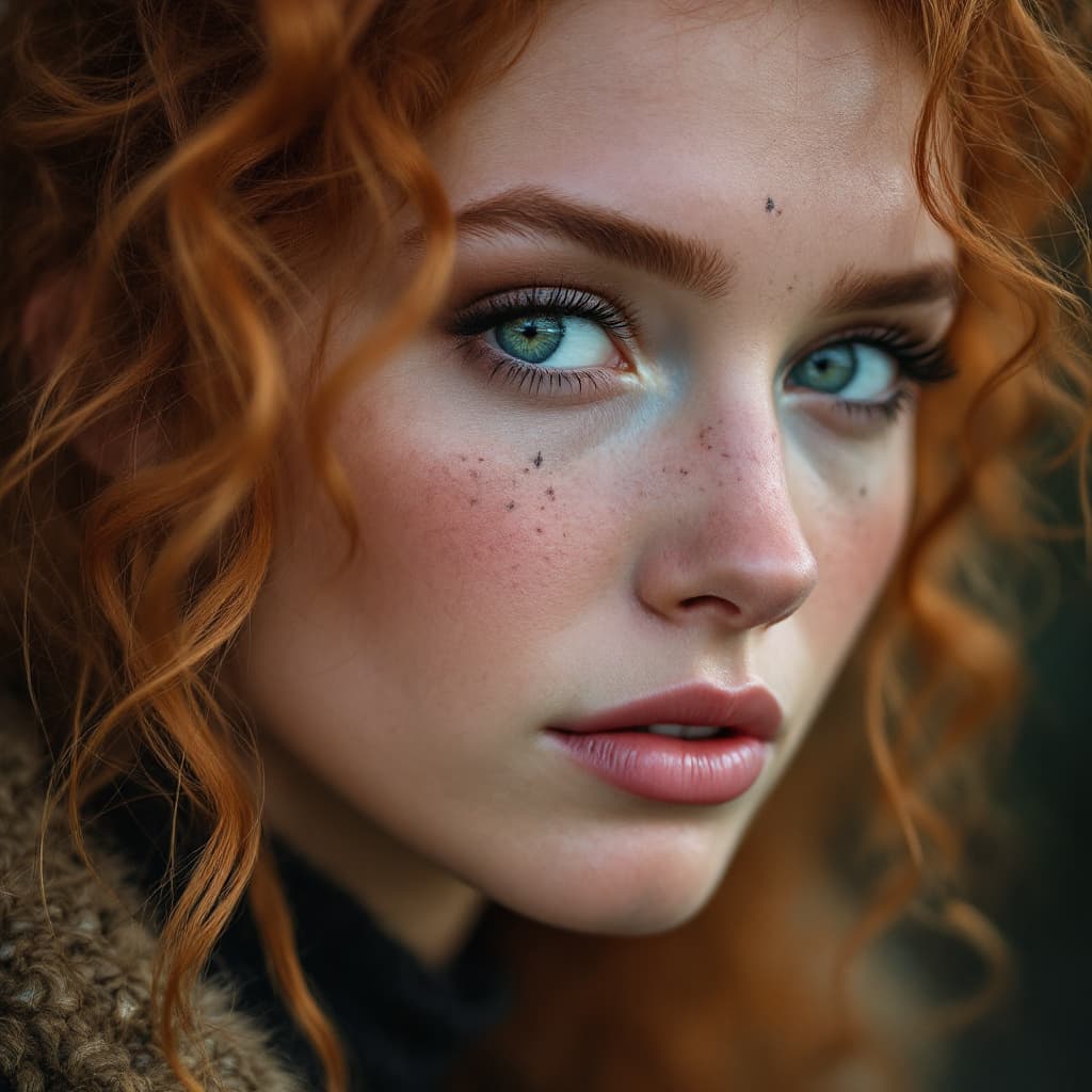 AI generated: A close up color portrait of a very pretty woman from Scotland, curly red hair, the woman's face ver...