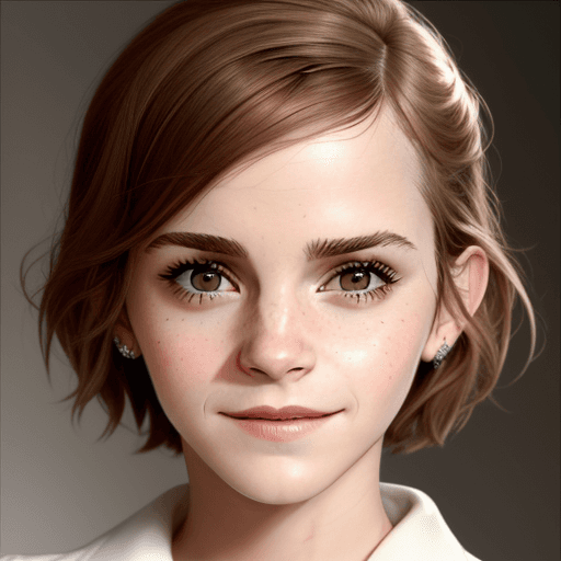 AI generated: Emma Watson, Extreme close-up face, symmetrical face,smile.